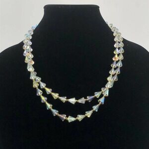 Vintage Duel Strand Clear Aurora Boralis Cone Shape Necklace Filigree Clasp 21”